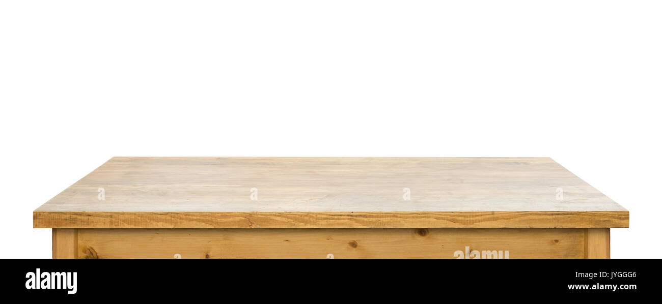 Usato da tavolo in legno su sfondo bianco. Foto Stock
