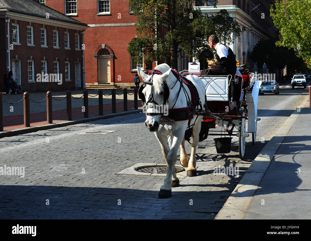 Un carro trainato da cavalli in Philadelphia, PA. Foto Stock