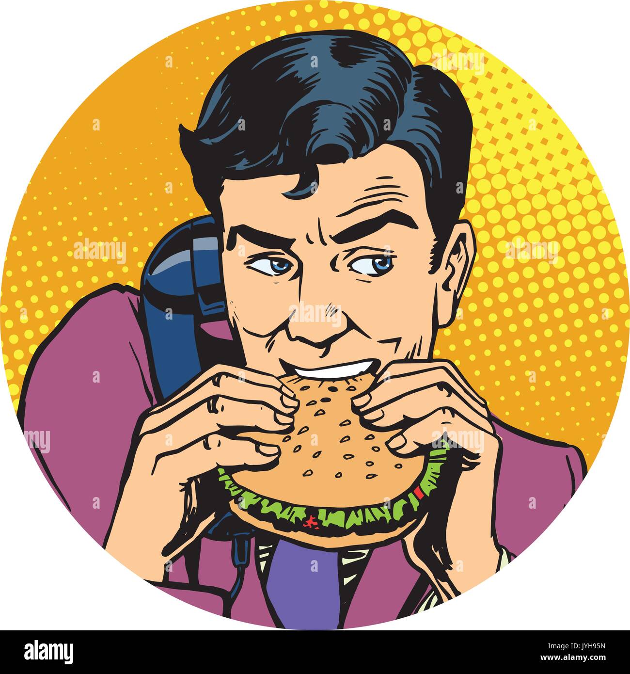 Imprenditore di mangiare un hamburger e parlare al telefono la pop art ava Illustrazione Vettoriale