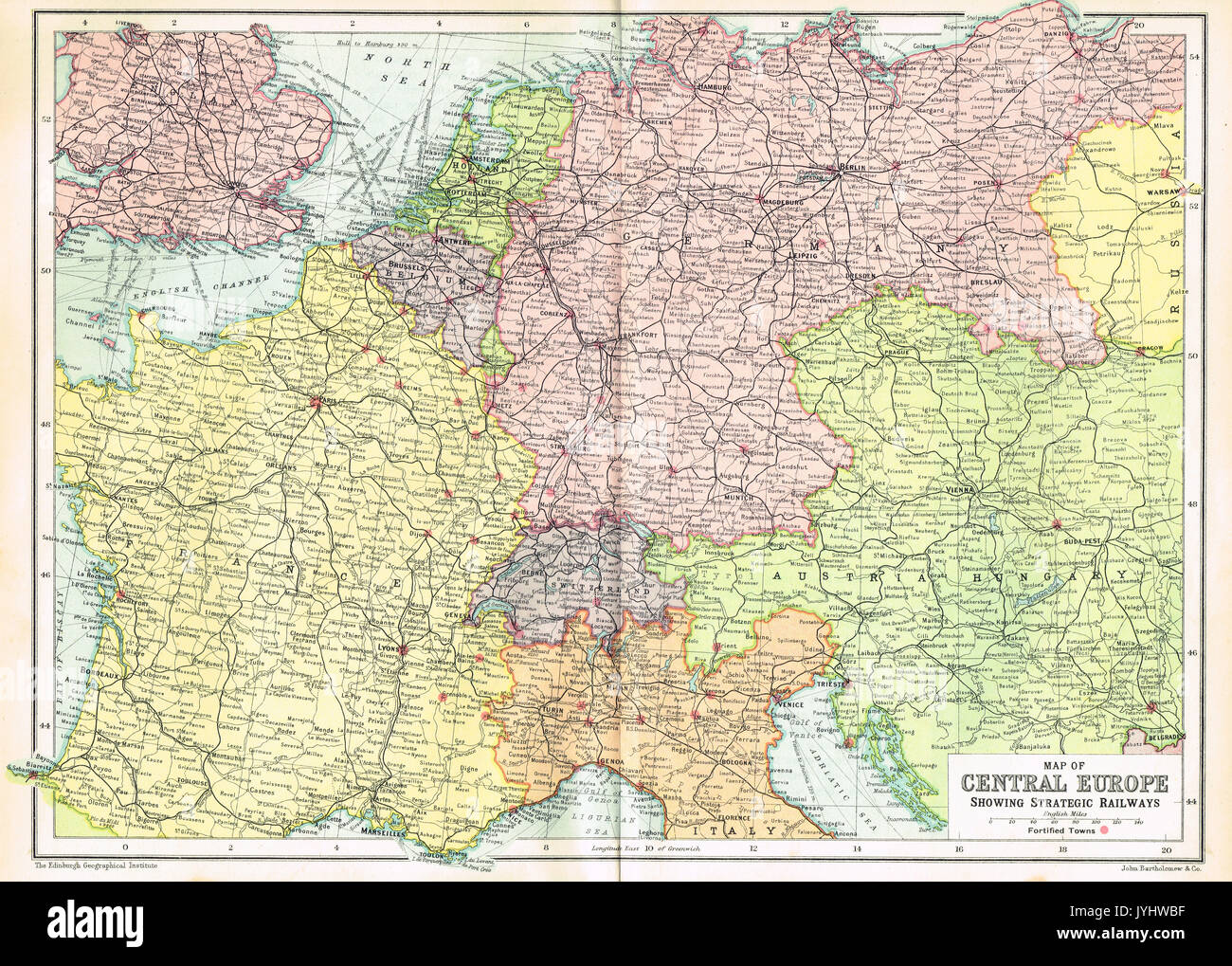 Mappa di Europa centrale all'inizio di WW1 Foto Stock