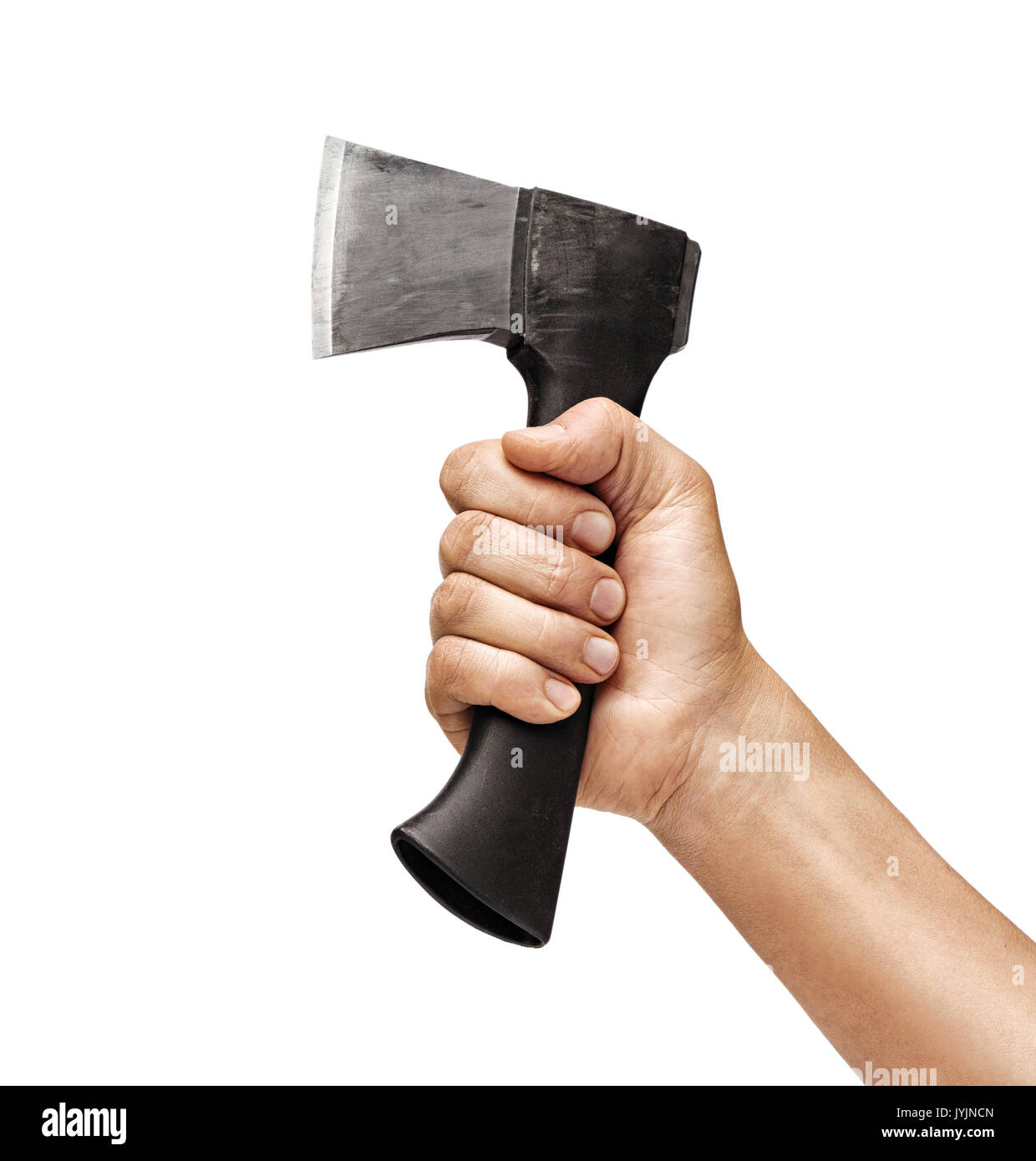 Stretta di mano d'uomo in possesso di un ax isolati su sfondo bianco. Alta risoluzione prodotto Foto Stock