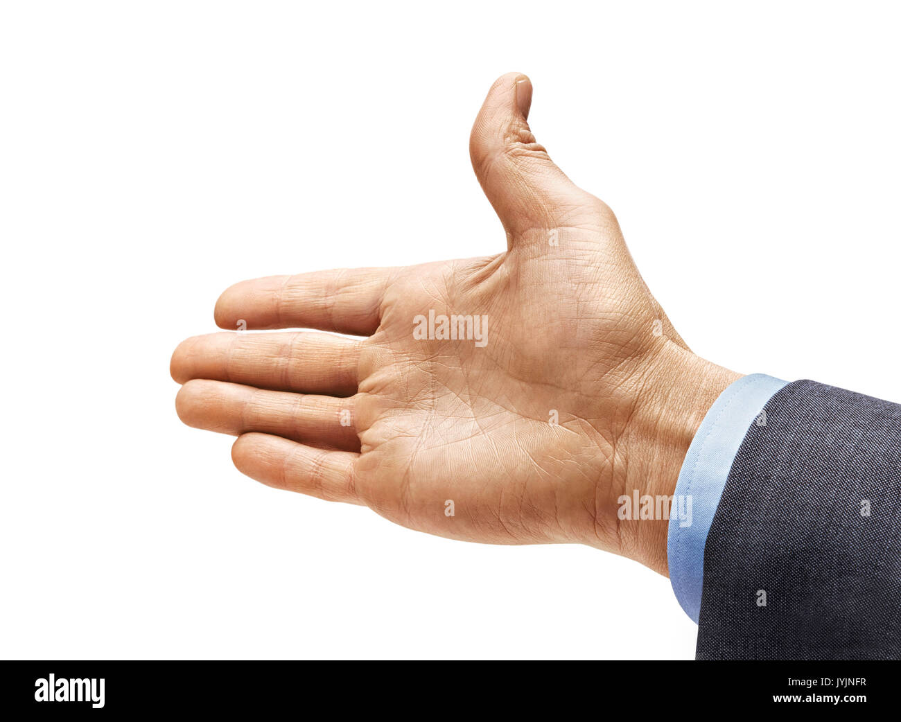 Mano d'uomo in una tuta proteso nel saluto isolati su sfondo bianco. Close up. Alta risoluzione prodotto Foto Stock