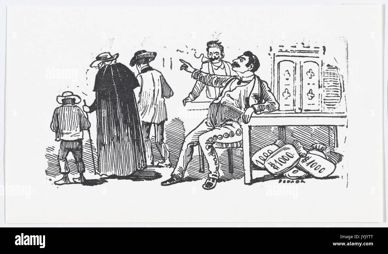 Un uomo ricco con sacchi di denaro ai suoi piedi inviando via persone soddisfatte DP869407 Foto Stock