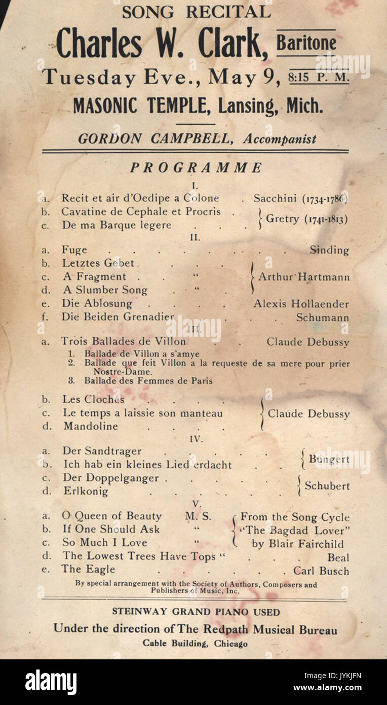 Un programma di concerto da 1916 Foto Stock