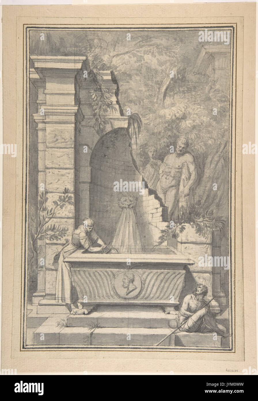 Una donna ad una fontana di un tempio in rovina, il Farnese Hercules in background ha incontrato DP800083 Foto Stock