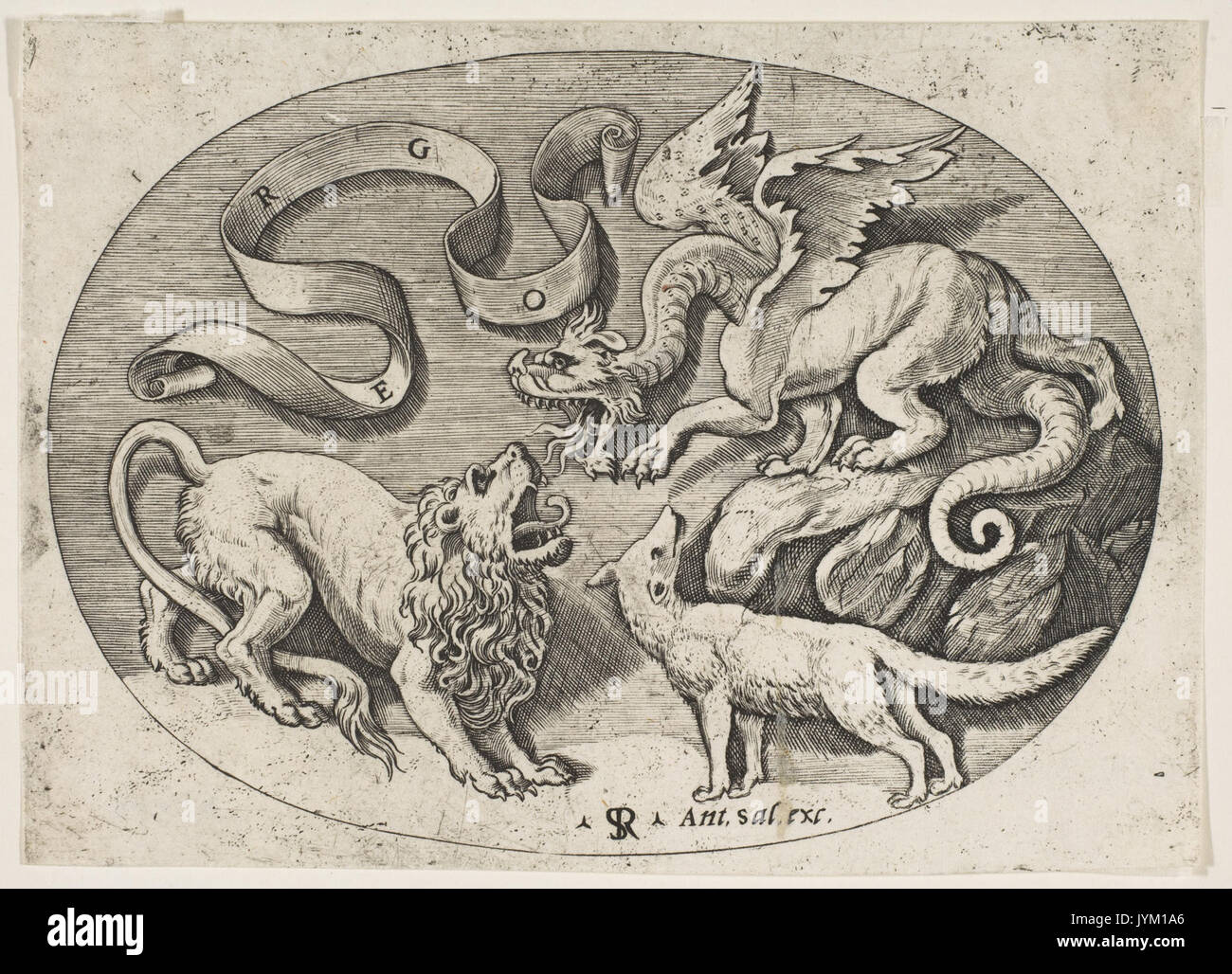 Un Lion, dragon e fox combattersi, inscritto un banderole sopra, una composizione ovale incontrato DP818727 Foto Stock