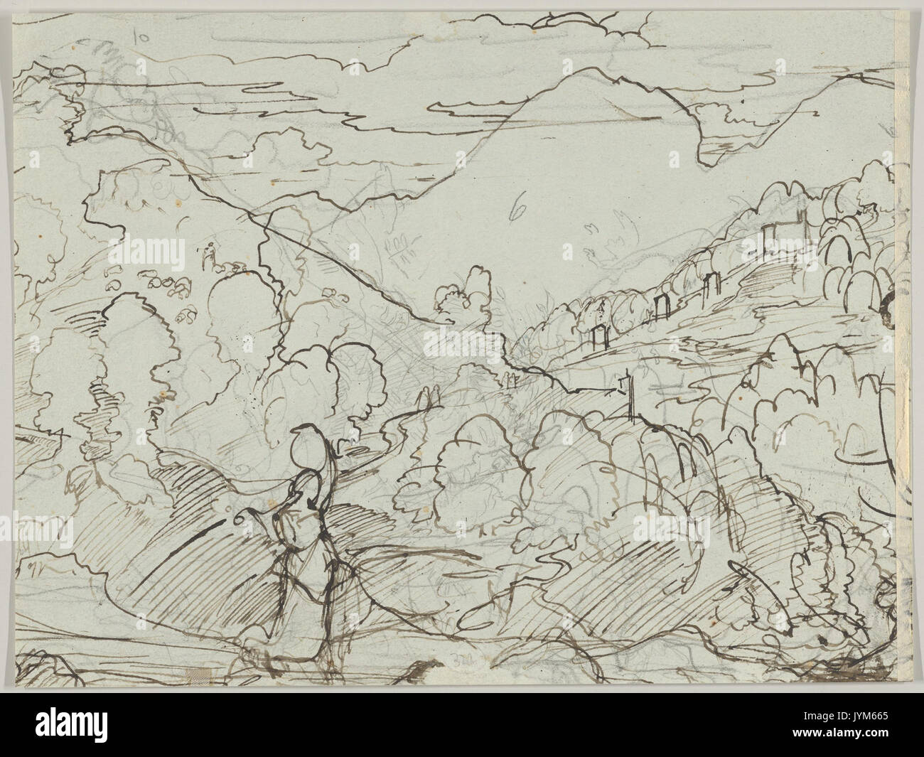 Un italiano seduto Pastore con un bambino piccolo sul suo giro; verso sud del paesaggio con una donna che porta un vaso sul suo capo ha incontrato DP835622 Foto Stock