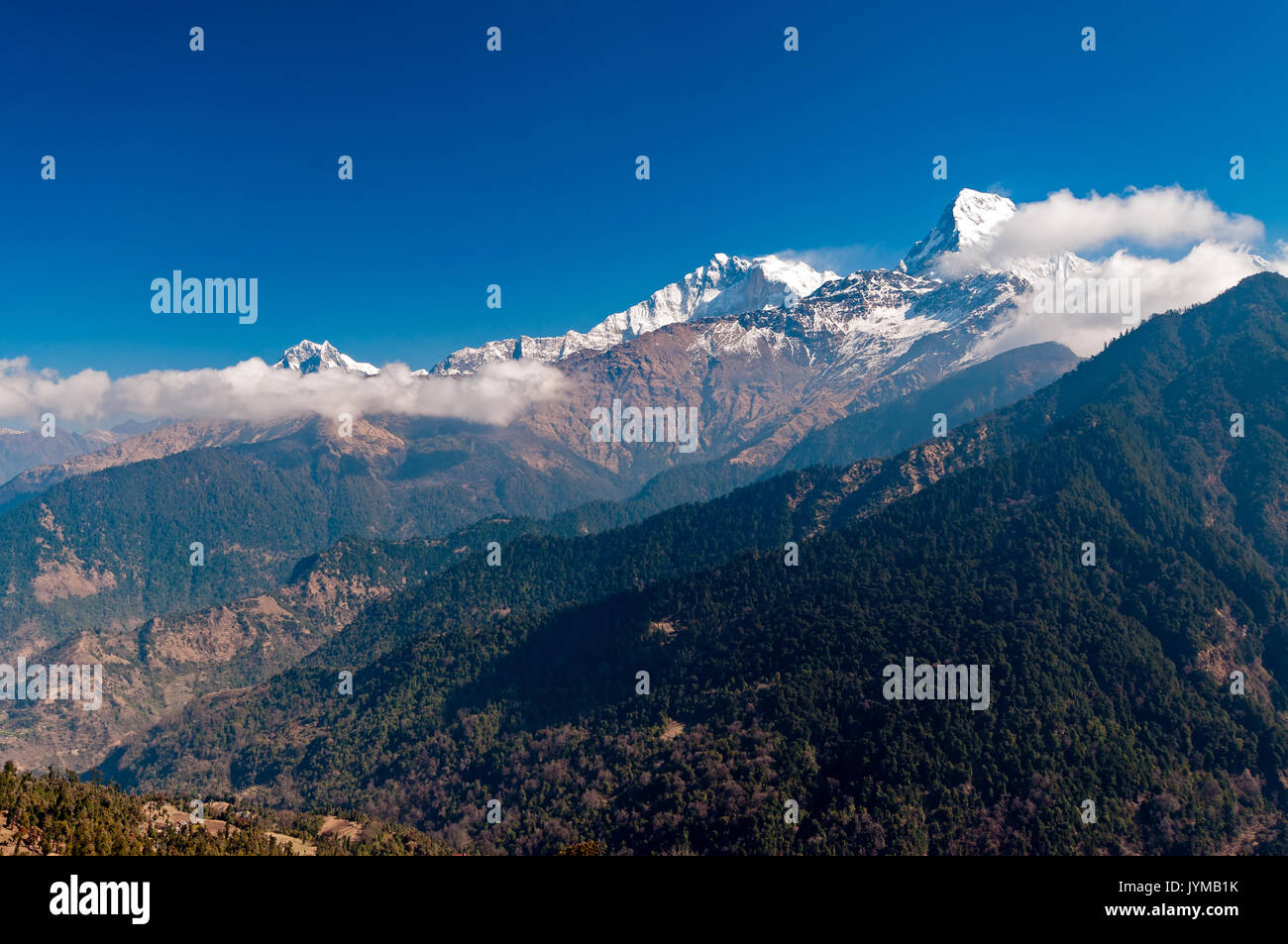 Vista della coda di pesce o di montagna anche sapere come Machapuchare nell'Annapurna Himalaya del North Central Nepal. È venerata dalla popolazione locale come pa Foto Stock
