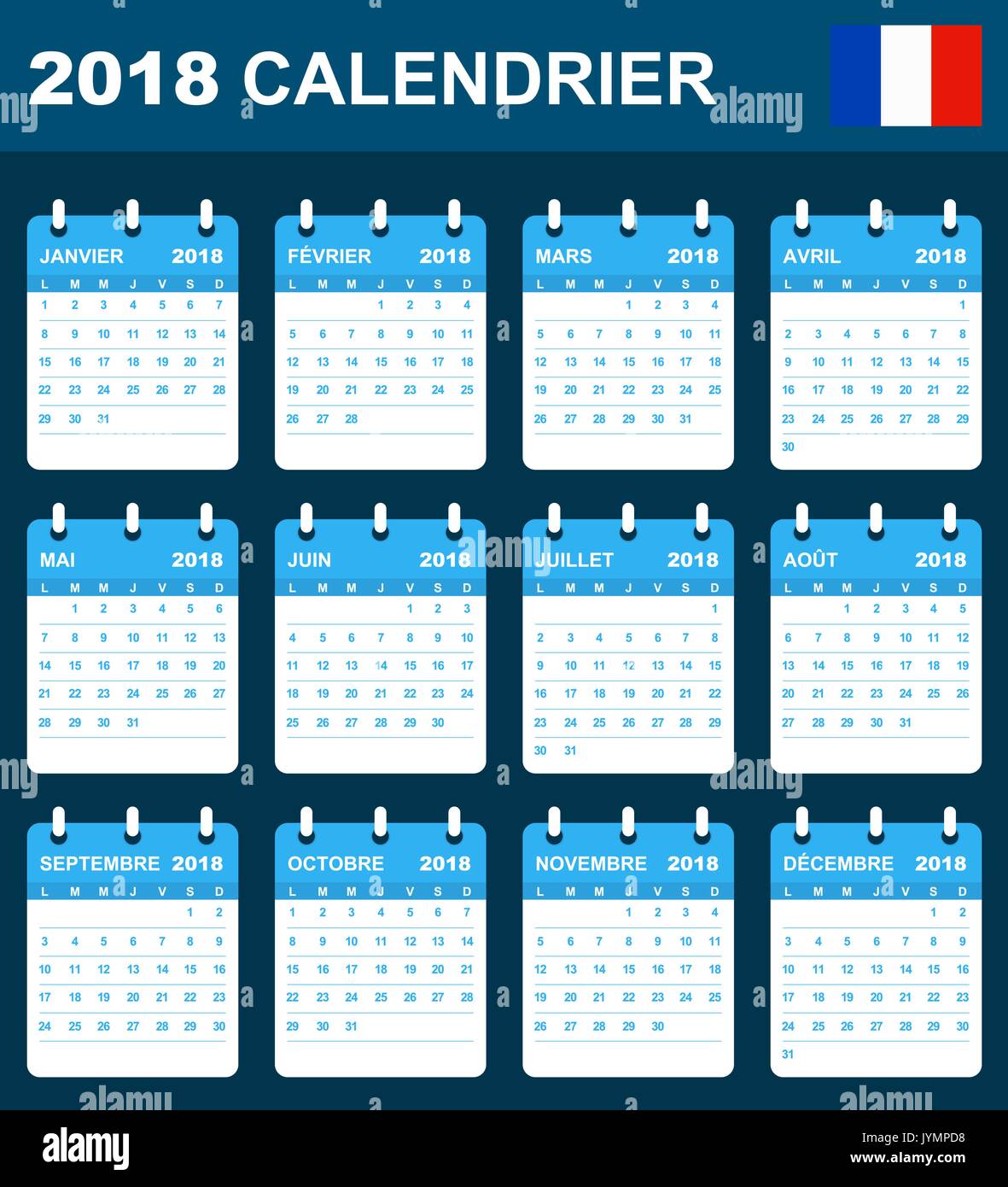 Calendario francese per il 2018. Scheduler, agenda diario o modello. La settimana inizia il lunedì Illustrazione Vettoriale