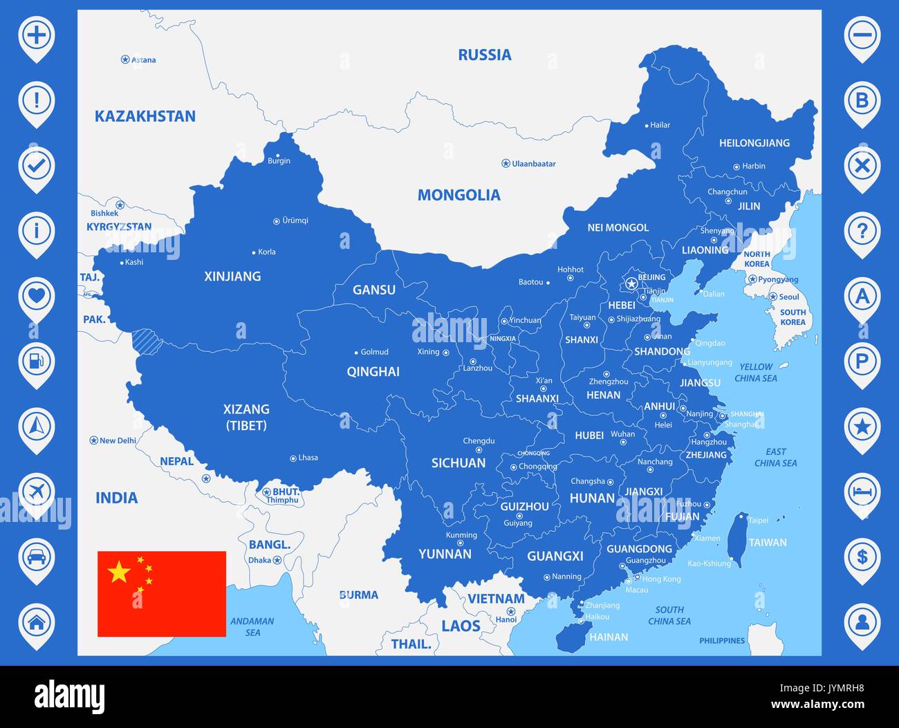La mappa dettagliata della Cina con le regioni o gli stati e le città capitali. Con la mappa di perni o puntatori. Posizionare marcatori di posizione o segni Illustrazione Vettoriale