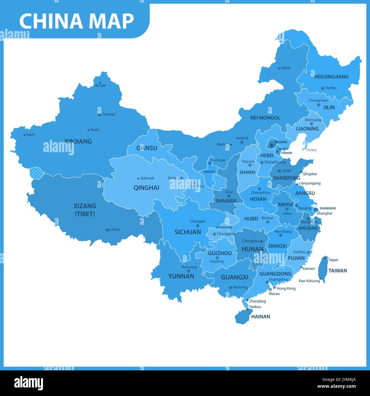 La mappa dettagliata della Cina con le regioni o gli stati e le città capitali Illustrazione Vettoriale