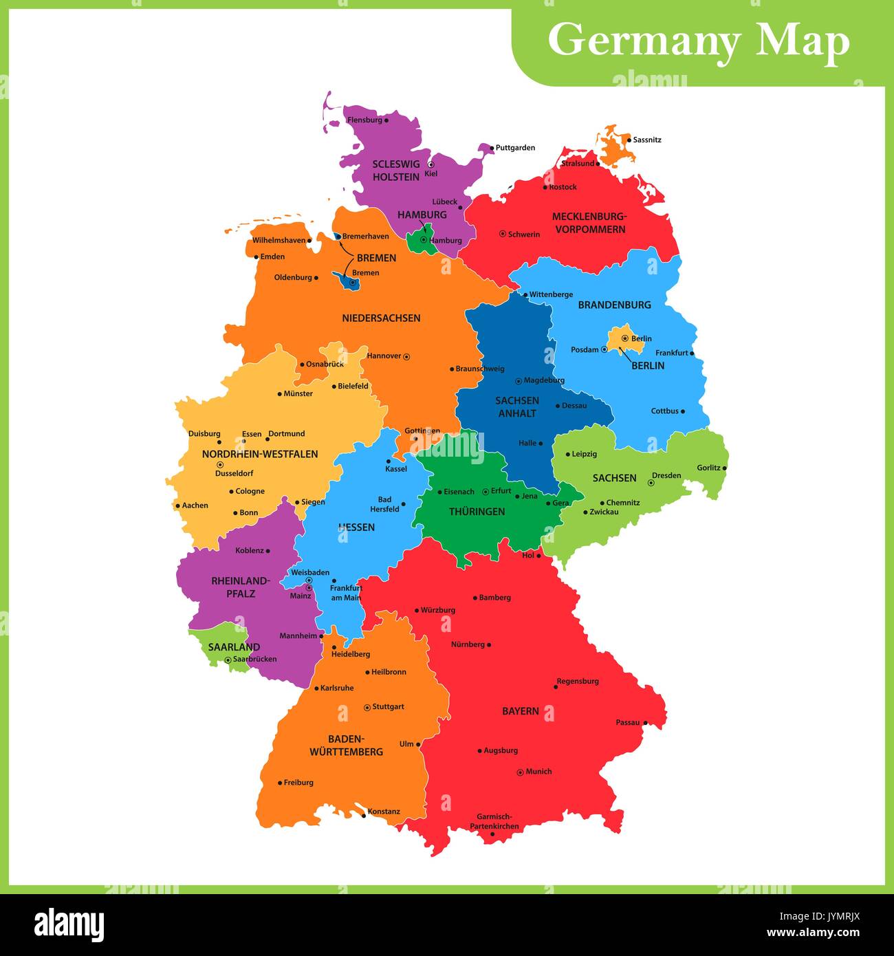 La mappa dettagliata della Germania con le regioni o gli stati e le città  capitali Immagine e Vettoriale - Alamy
