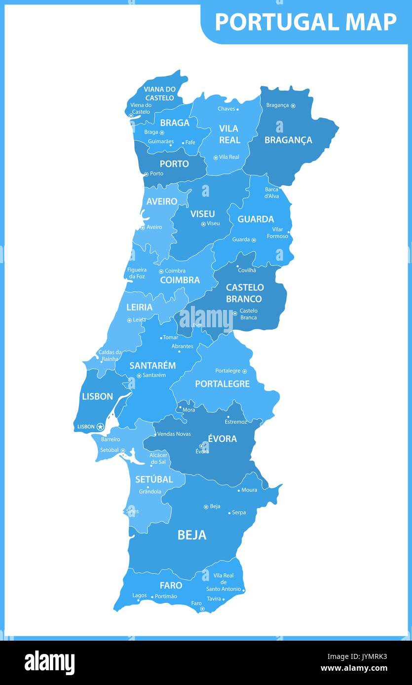 La mappa dettagliata del Portogallo con le regioni o gli stati e le città capitali Illustrazione Vettoriale