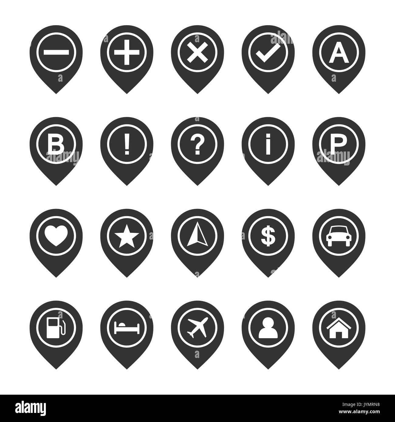 Vector Icon Set di spine di mappa o puntatori. Posizionare marcatori di posizione o segni Illustrazione Vettoriale