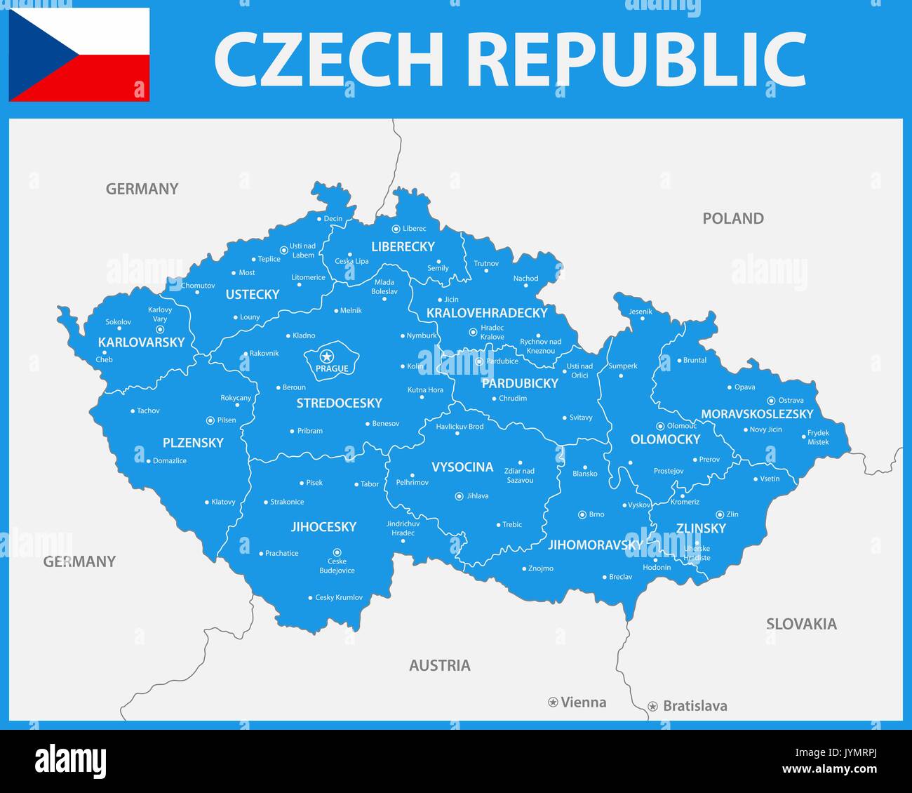 La mappa dettagliata della Repubblica ceca con le regioni o gli stati e le città capitali. Illustrazione Vettoriale