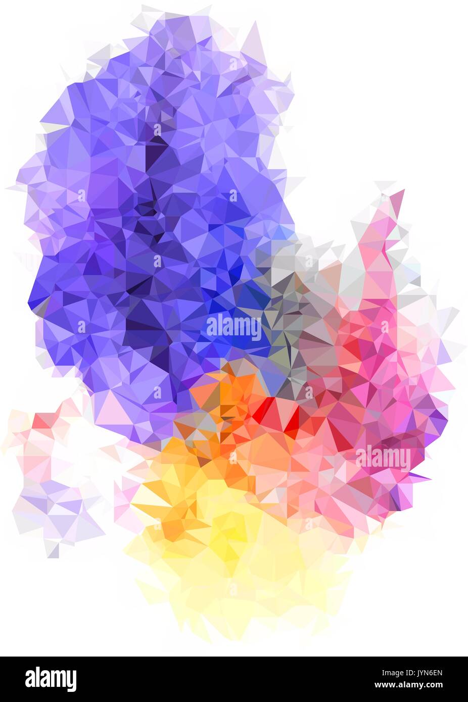 Di colore in astratto forma splash. Triangolati bassa geometrica poli sfondo, rosa, viola e sfumature di giallo. Isolato su bianco. Per il vostro design. Illustrazione Vettoriale