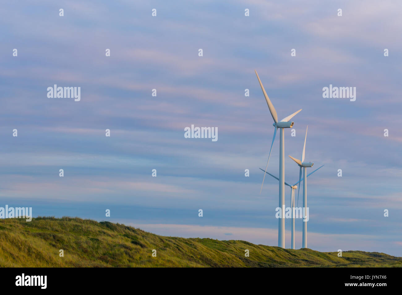 Le turbine eoliche in ambiente naturale di fornire una fonte sostenibile di elettricità. Conservazione di energia nel concetto di paesaggio litoraneo naturale. Foto Stock