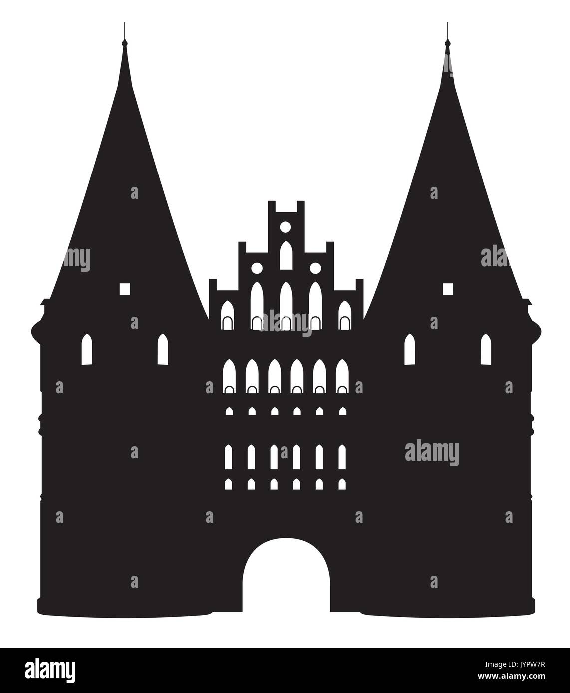 Bianco nero silhouette della Holstentor di Lubecca, Germania Illustrazione Vettoriale