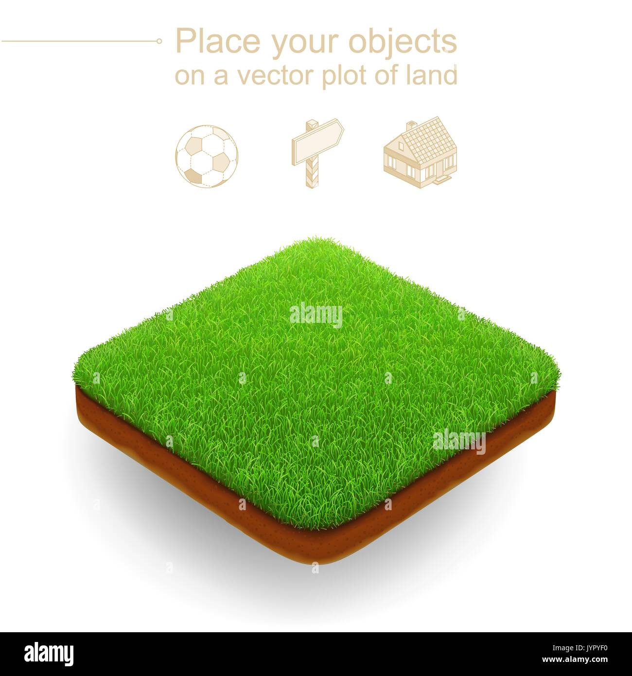 Piazza prato isometrica con una folta erba verde e marrone con taglio di terreno. Un appezzamento di terreno galleggia sopra uno sfondo bianco. 3D stile. Illustrazione Vettoriale