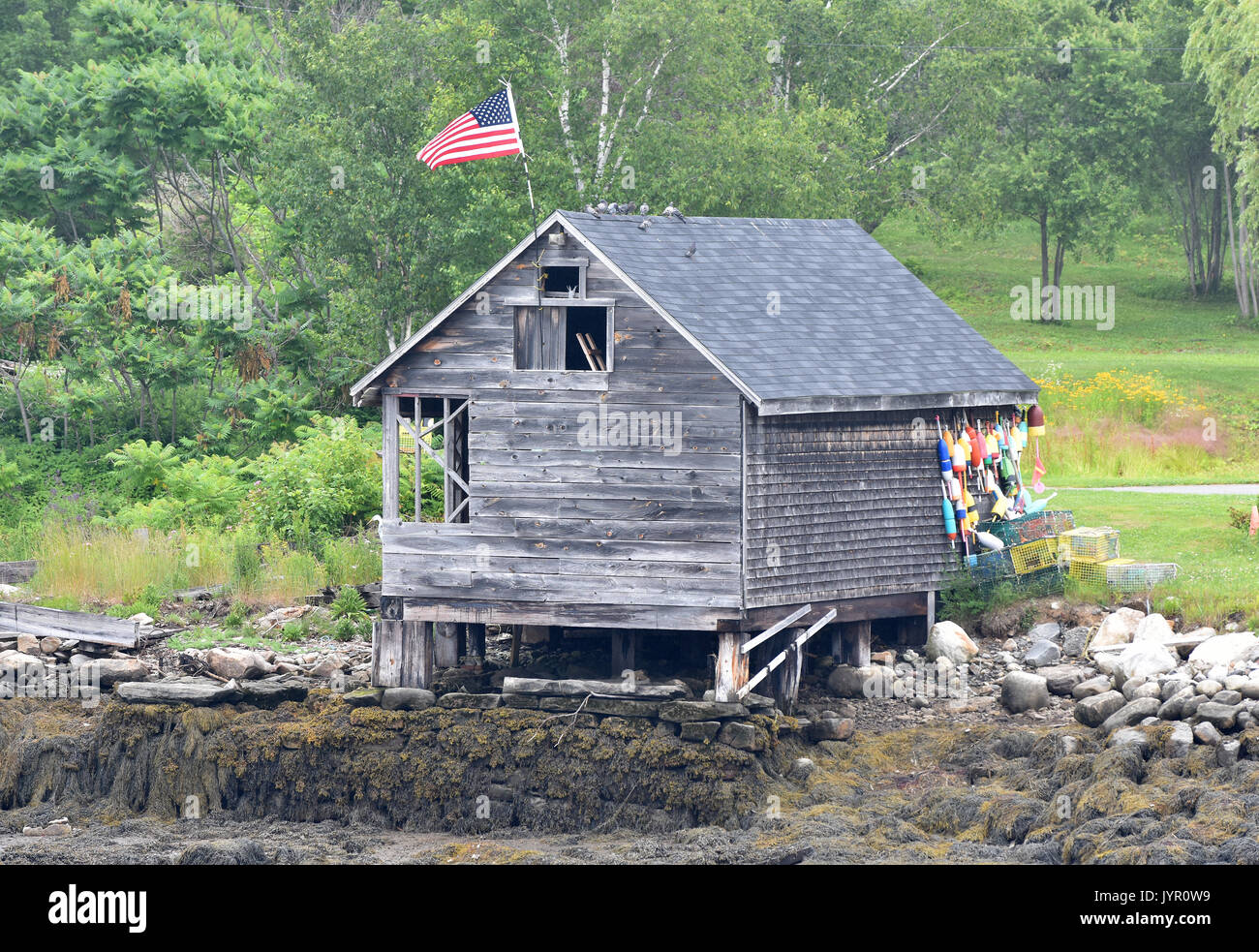 Un ex baraccopoli di pesca in Boothbay, Maine Foto Stock