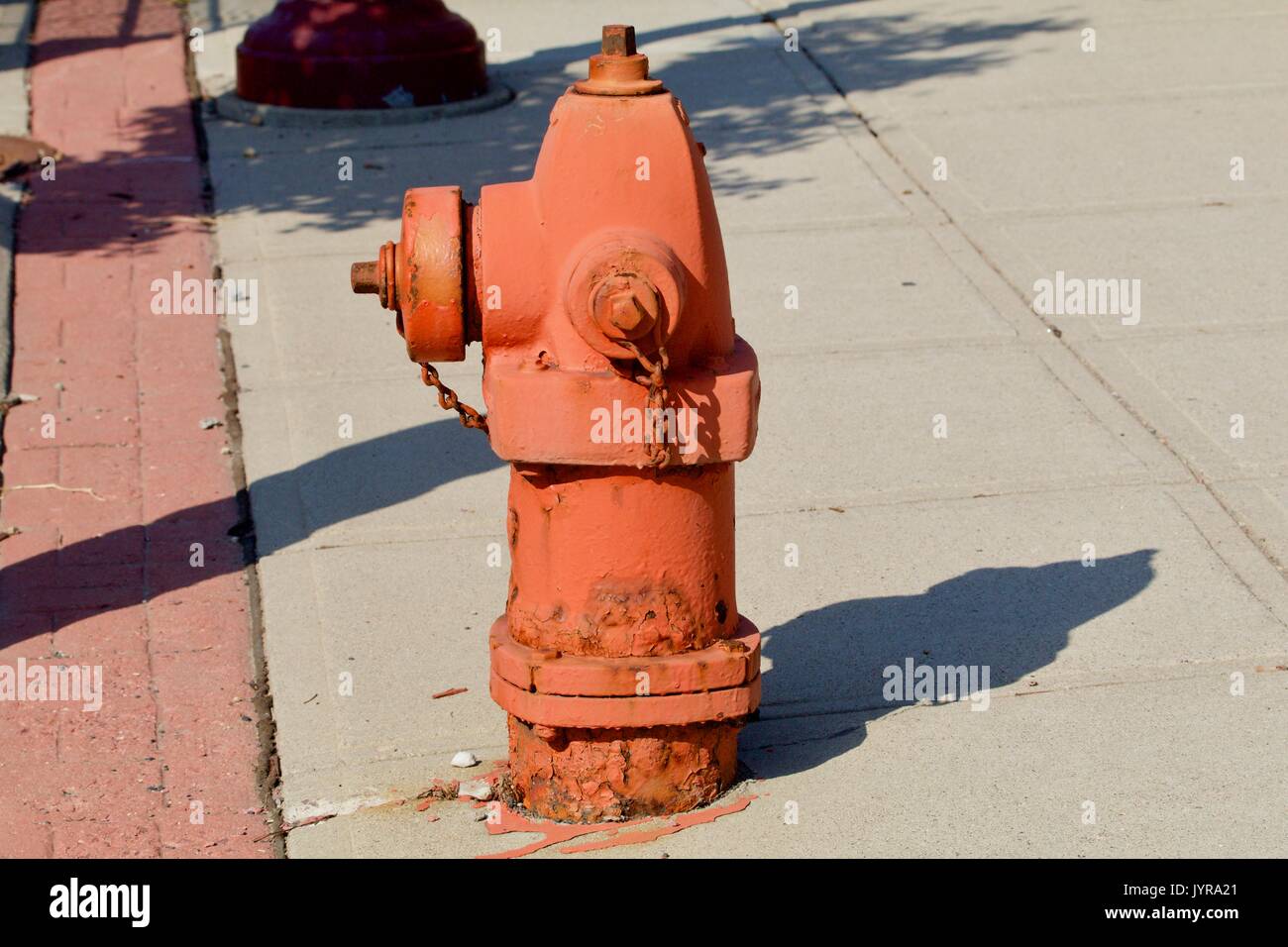 Orange idrante di fuoco nel luminoso sole di mezzogiorno Foto Stock