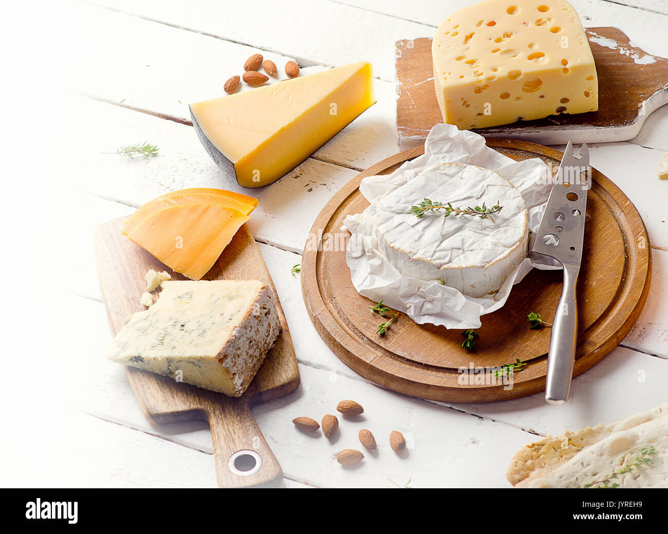 Diversi tipi di formaggi su sfondo bianco. Foto Stock