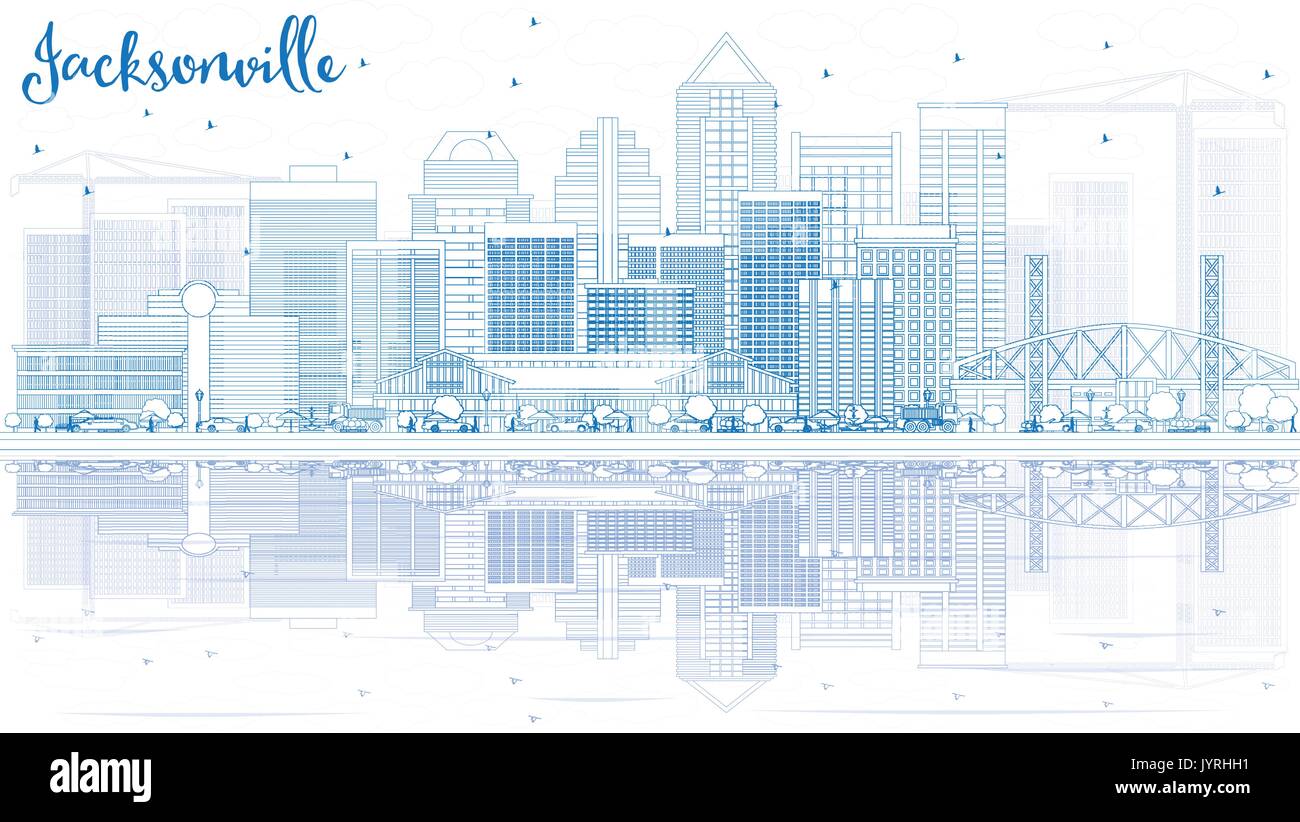 Delineare jacksonville skyline con edifici blu e riflessi. illustrazione vettoriale. viaggi di affari e di turismo con il concetto di architettura moderna. Illustrazione Vettoriale