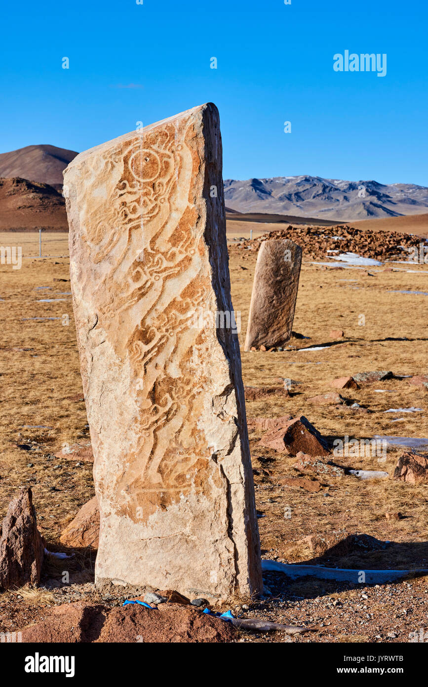 La Mongolia Khuvsgul provincia, Moron, gruppo di cervi pietre di Uushigiin Uver Foto Stock