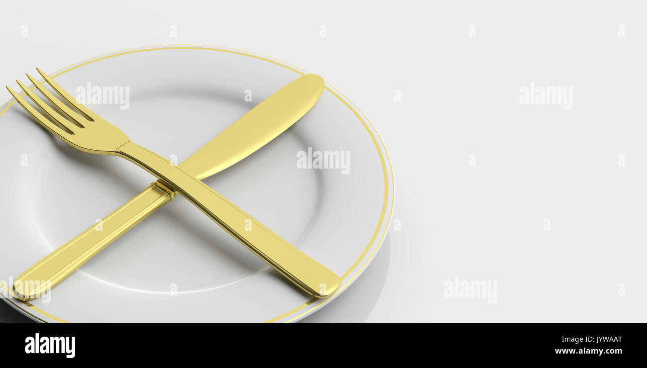 Posizionare l'impostazione, golden posate, seconda piastra segnale, su sfondo bianco. 3d illustrazione Foto Stock