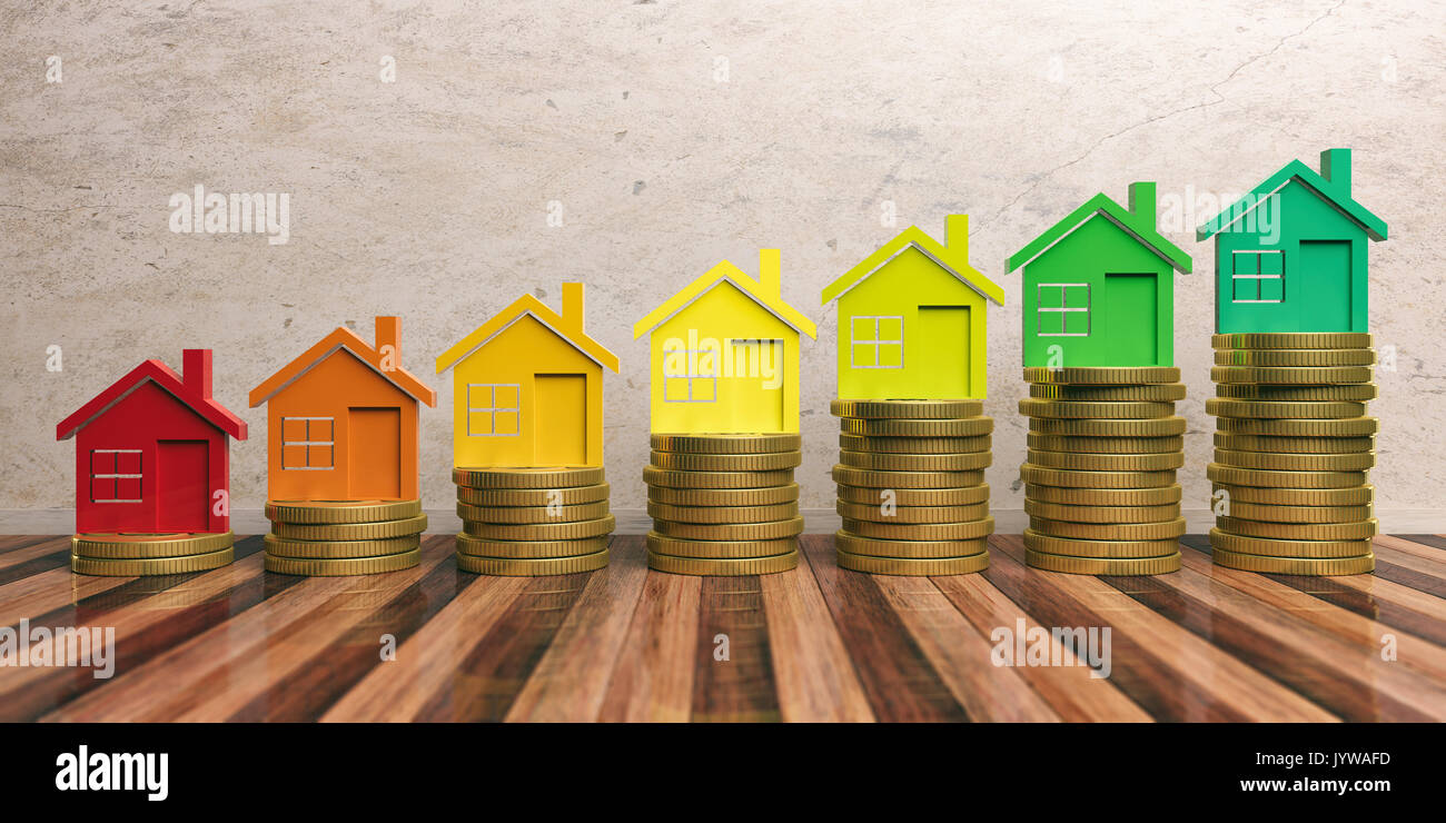 Efficienza energetica e risparmio di denaro concetto in costruzione. 3d illustrazione Foto Stock