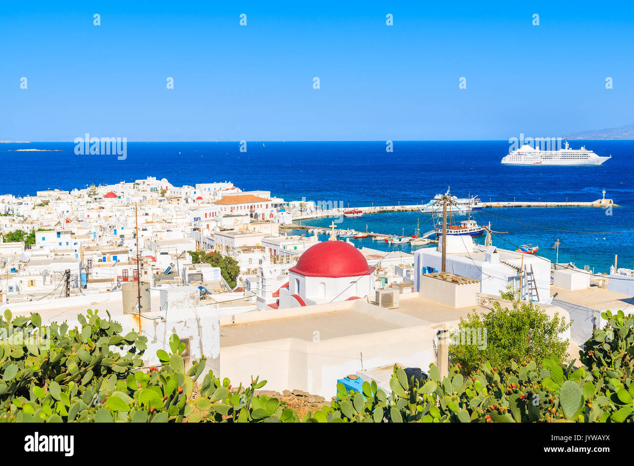 Verde di piante di cactus in primo piano e tipico greco bianco chiesa con cupola rossa nel porto di Mykonos, Mykonos isola, Cicladi Grecia Foto Stock