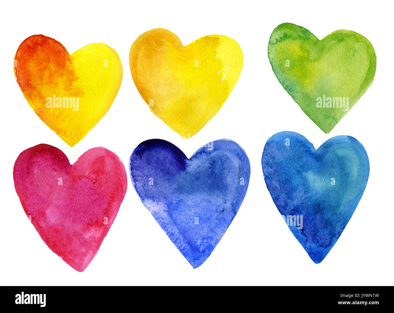 Serie di acquerelli di cuori di diversi colori. Isolato su sfondo bianco. Per la medicina, romantico cartoline, poster e disegni. Foto Stock