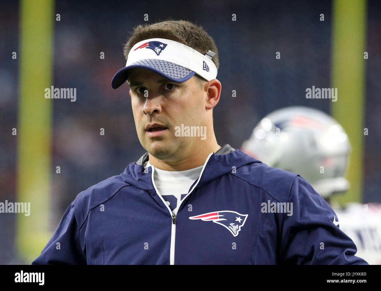 Agosto 19, 2017: New England Patriots coordinatore offensivo Giovanni McDaniels durante la NFL preseason game tra New England Patriots e Houston Texans al NRG Stadium di Houston, TX. John Glaser/CSM. Foto Stock