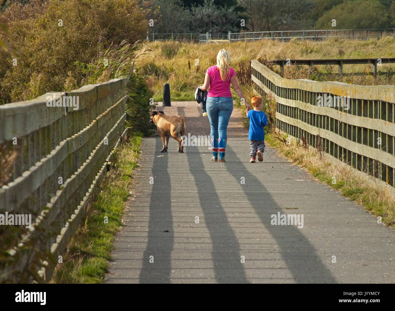 Un molto British a piedi in unione jack stivali Foto Stock