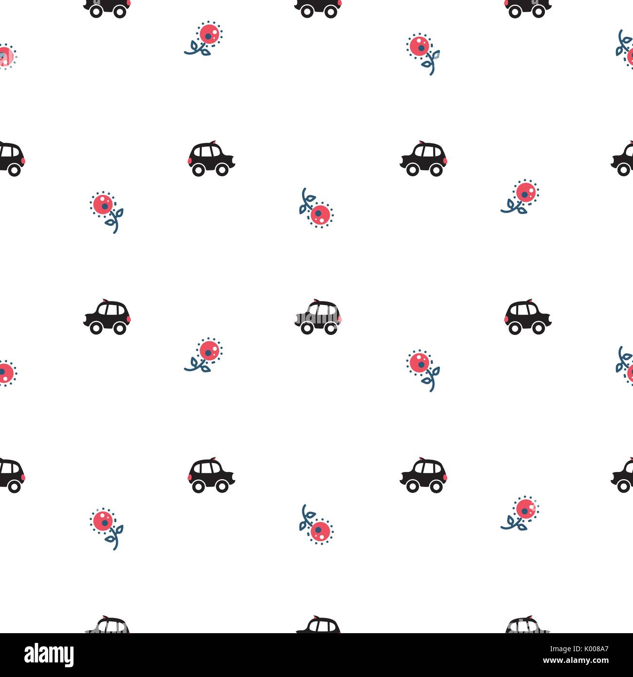 London cartoon vetture della cabina e fiori seamless pattern. Illustrazione Vettoriale