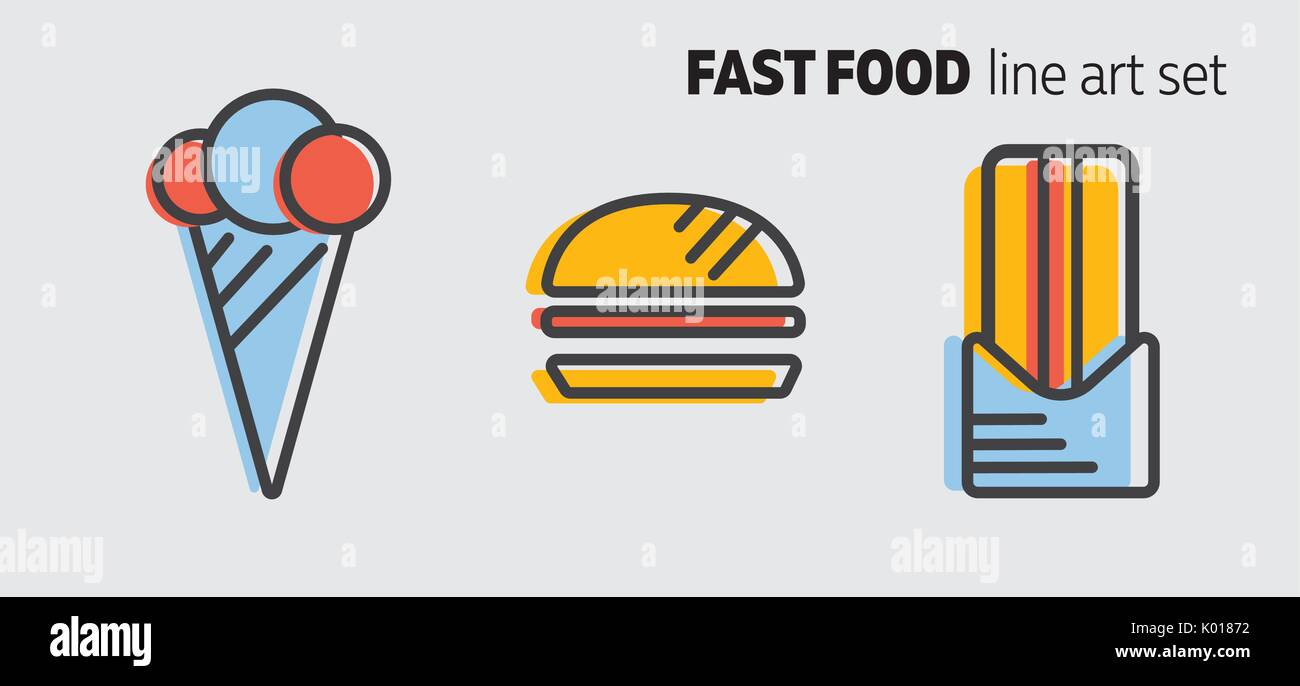 Il fast food design concept, stile piatto banner con linea spessa art. Cucina di strada le icone su sfondo grigio. Gelato, hamburger e hot dog. Illustrazione Vettoriale. Illustrazione Vettoriale