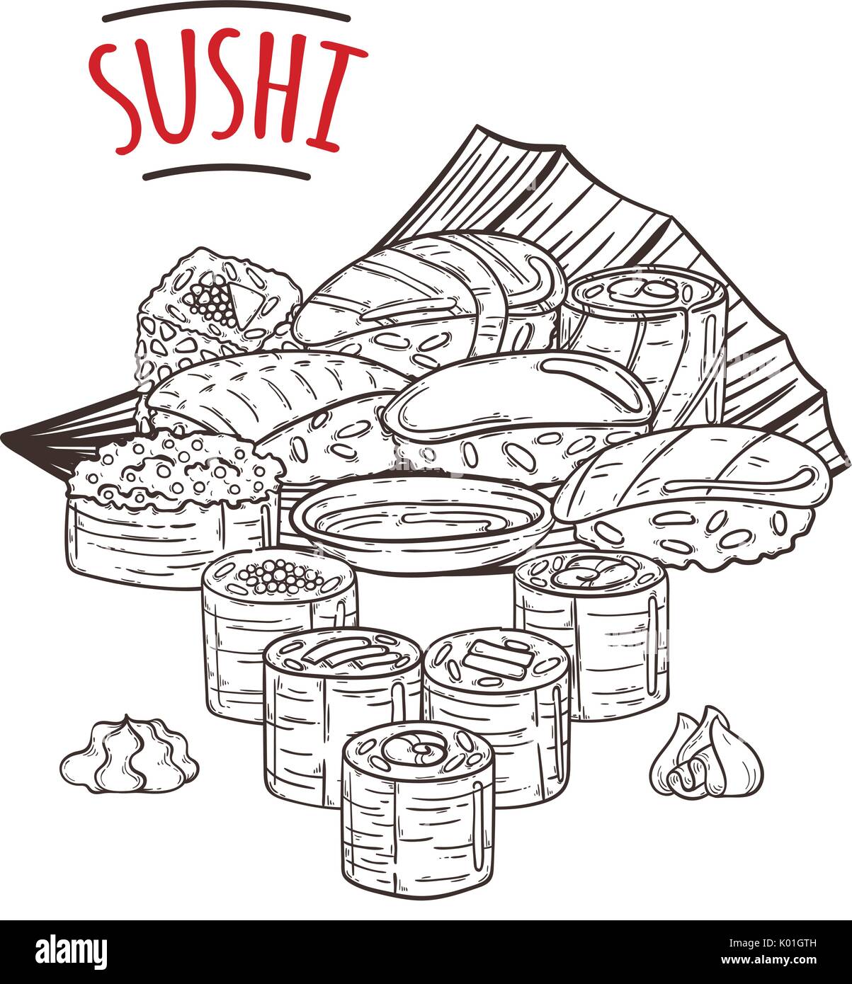Doodle sushi e rotoli su legno. Tradizionale Giapponese piatti di cucina illustrazione. Immagine vettoriale per il ristorante asiatico menu. Illustrazione Vettoriale