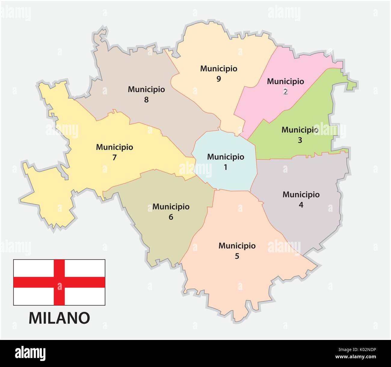 Politica e amministrativa di mappa del capoluogo lombardo milano con bandiera Illustrazione Vettoriale