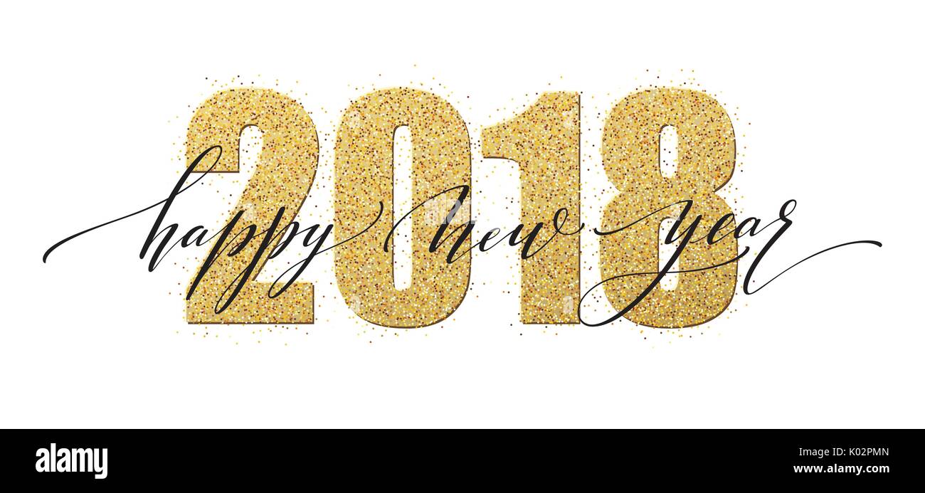 2018 Felice anno nuovo. Numeri golden Glitter Design della scheda Messaggi di saluto. Oro pattern luminoso. Illustrazione Vettoriale Illustrazione Vettoriale