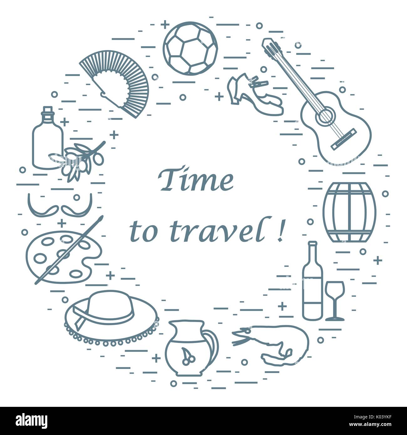 Illustrazione Vettoriale con vari simboli di Spagna disposti in un cerchio. Viaggi e tempo libero. Design per banner, poster o di stampa. Illustrazione Vettoriale