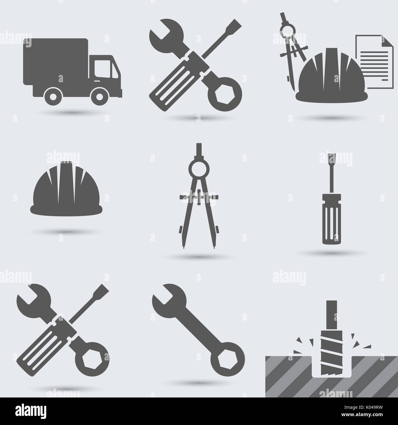 Riparazione, costruire strumento. Martello, auto, vite, casco, chiave e altri, strumento mano Illustrazione Vettoriale