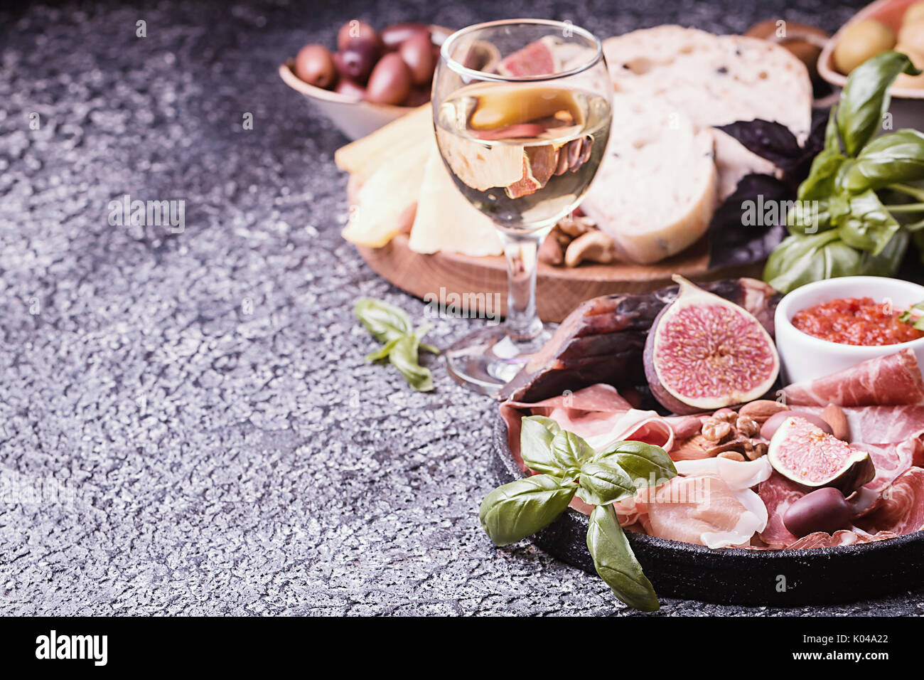 Antipasti italiani vino set snack Foto Stock