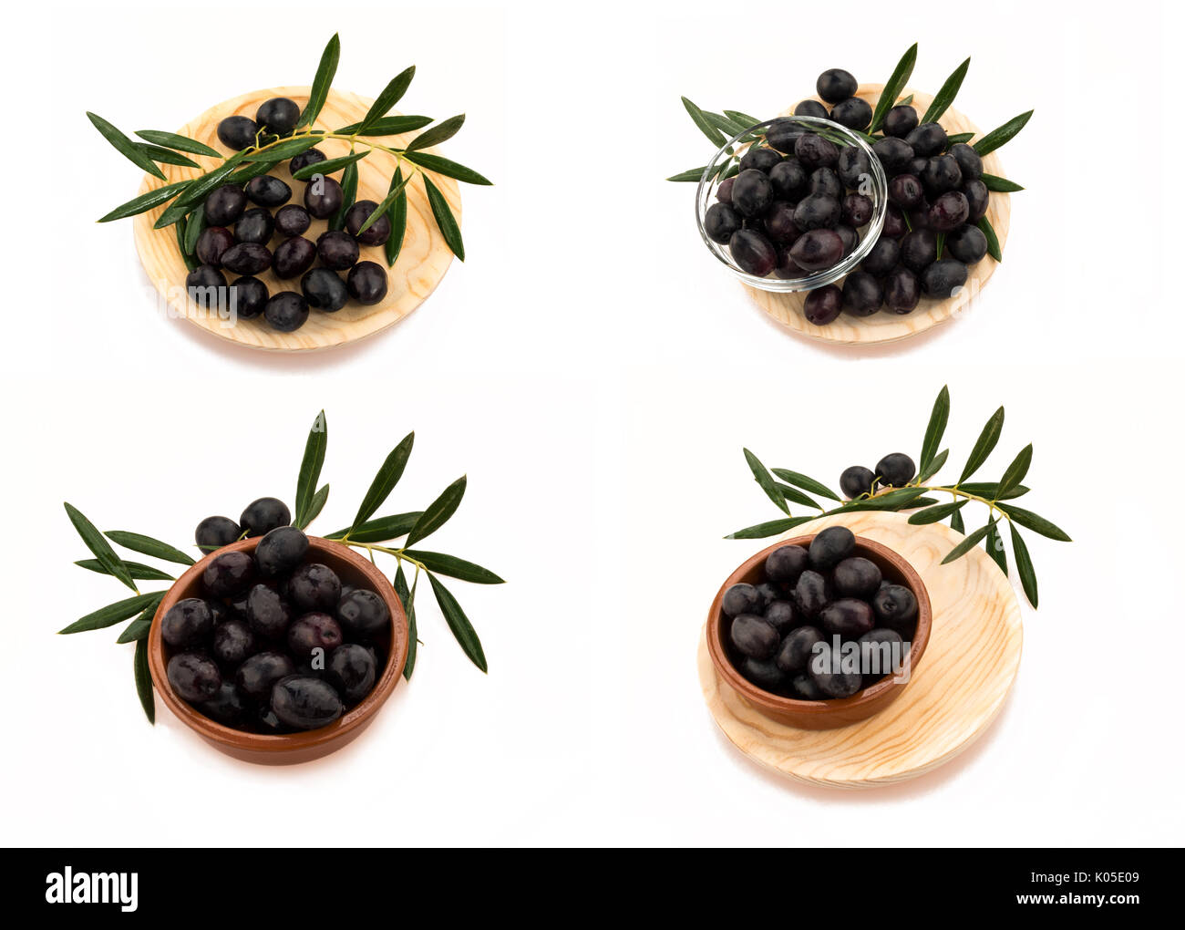 Set di quattro immagini raccolta di olive nere con verde in diverse combinazioni, su un isolato sfondo bianco, Foto Stock