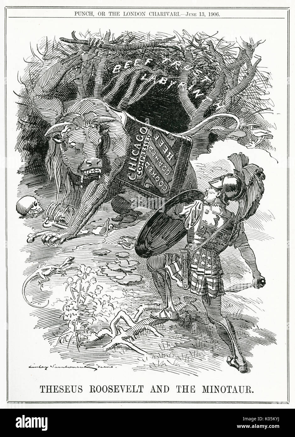 Cartoon, Theseus Roosevelt e il Minotauro Foto Stock