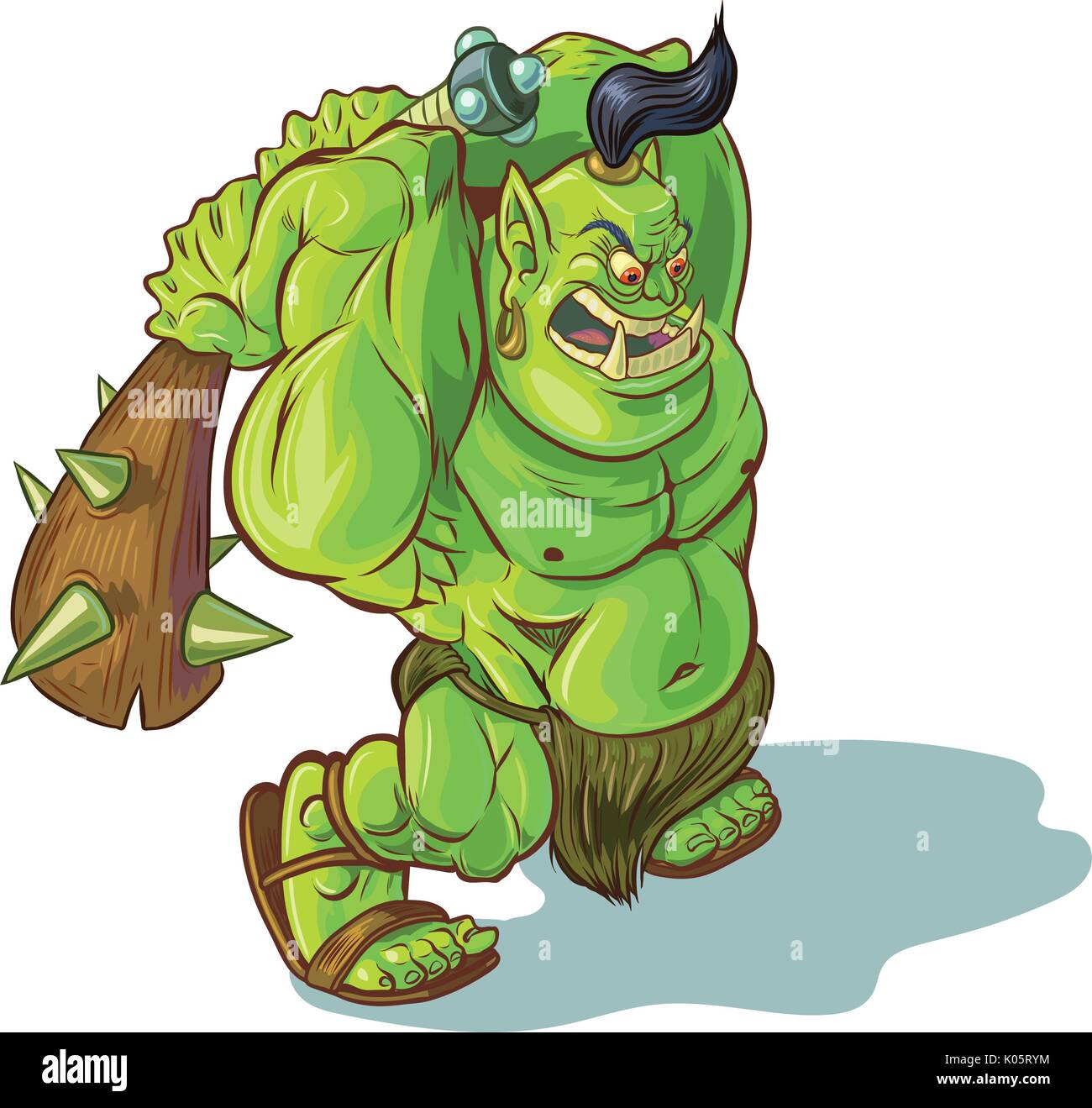 Vector cartoon clip art illustrazione di una resistente media verde muscolare orc o ogre o troll mascotte con un spiked club in bilico la smash qualcosa. Illustrazione Vettoriale