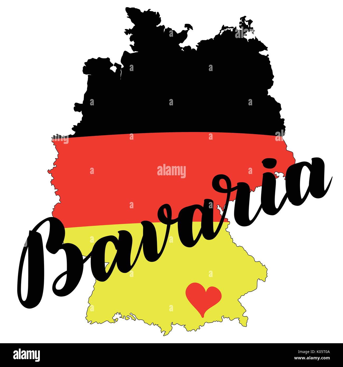 Bavaria disegnati a mano lettering con bandiera tedesca sulla mappa. Vettore illustrazione lettering isolato su bianco. Per il modello tedesco tradizionale Oktoberfest bie Illustrazione Vettoriale