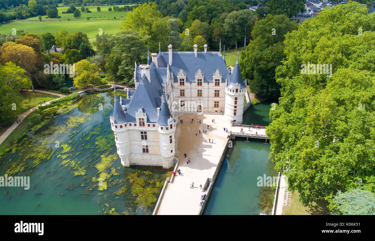 Foto aerea di Azay Le Rideau castle in Indre et Loire, Francia Foto Stock