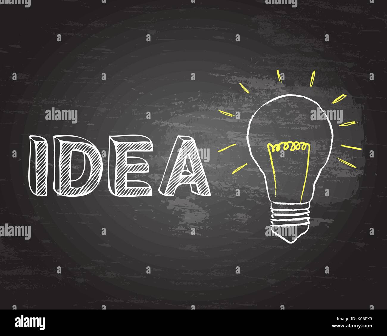 Disegnata a mano idea segno e lampadina sulla lavagna Illustrazione Vettoriale