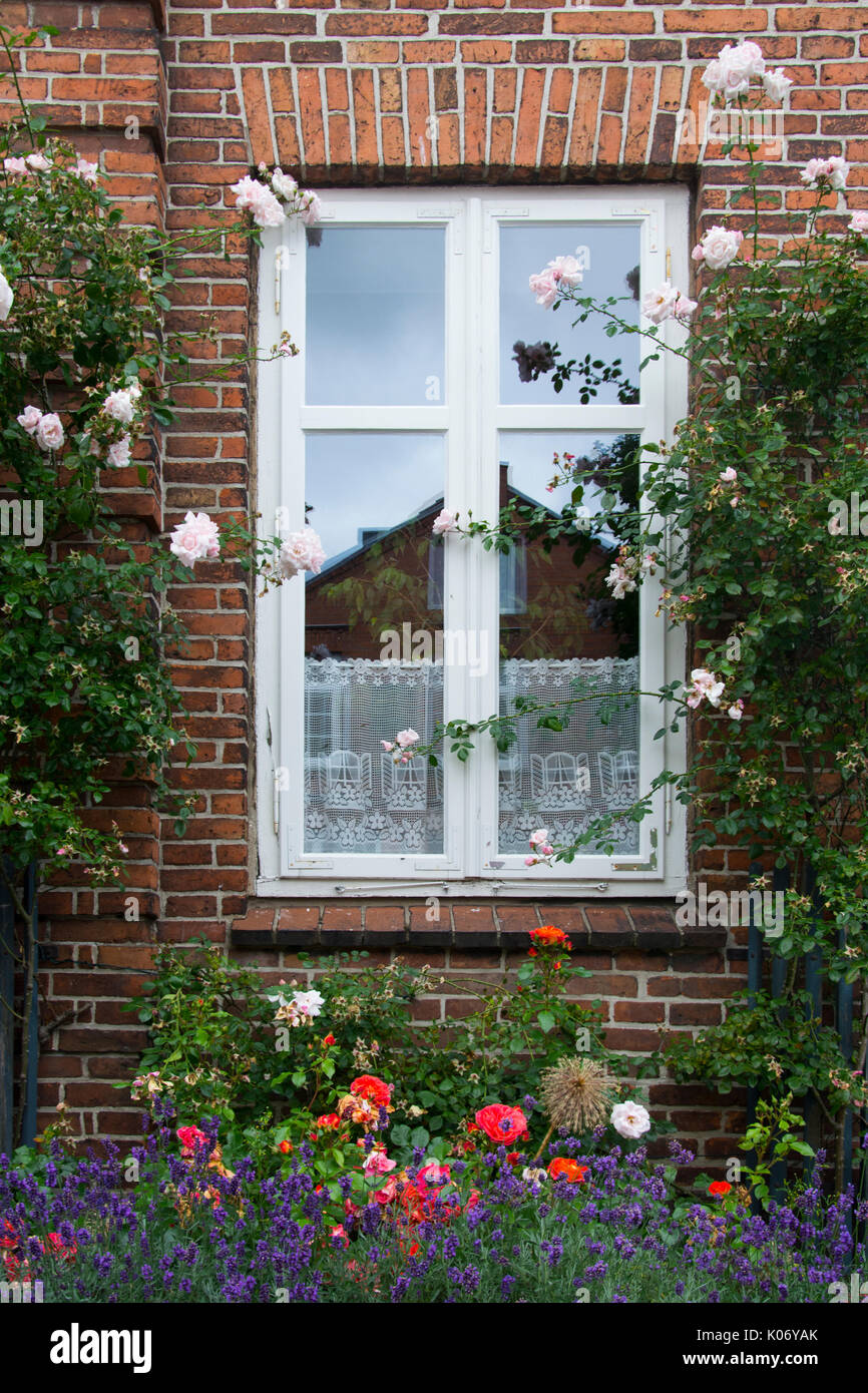 Dettaglio di uno stile tradizionale finestra di casa a Eutin, Holstein, Germania Foto Stock