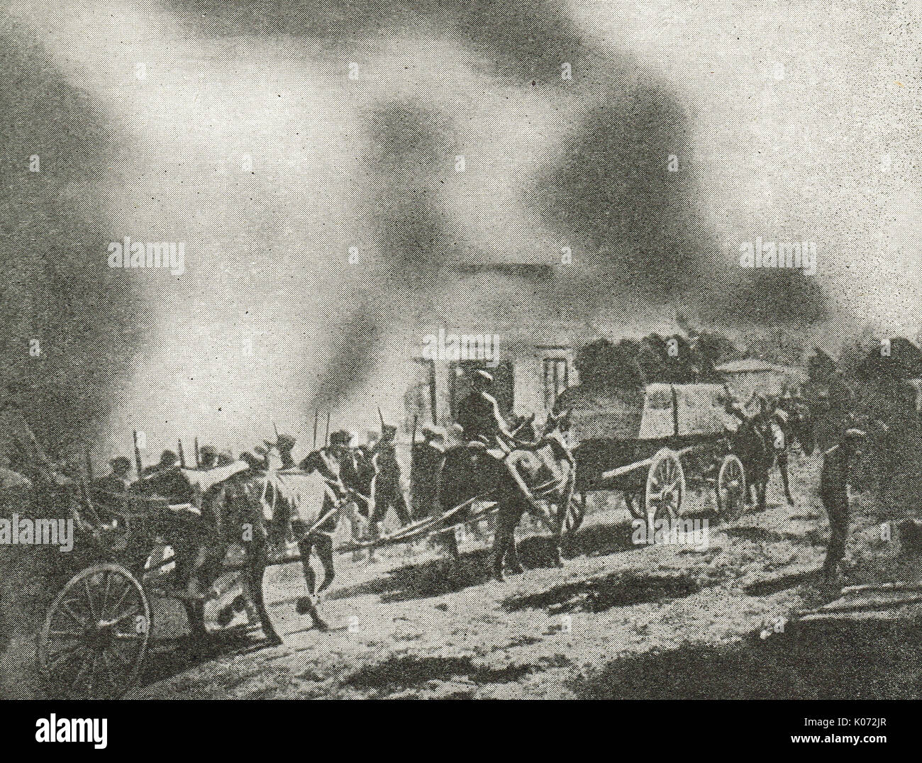 Russi di entrare nella città di masterizzazione di Mikolaiev, l'occupazione russa della Galizia orientale, 1914 Foto Stock